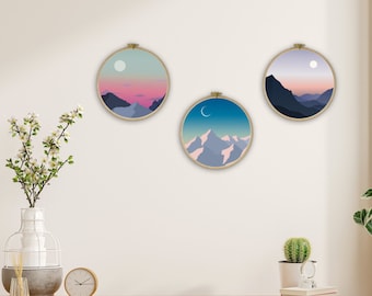 Arte mural de sol y luna: impresiones de montañas en tonos rosa y verde azulado (juego de 3)
