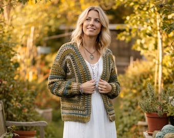 Cárdigan de ganchillo, suéter de punto hexagonal estilo boho, chaqueta oversize hecha a mano en tonos tierra acogedores, conjunto de primavera