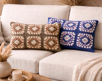 Cojín lumbar de ganchillo cuadrado estilo abuela, cojín decorativo bohemio colorido con relleno, cojín retro hecho a mano