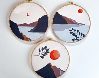 Conjunto de arte de pared de montaña de mediados de siglo / Decoración de aro con paisaje bohemio