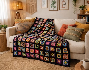 Manta de ganchillo cuadrada estilo abuela de 60x96 pulgadas, colcha bohemia colorida, manta afgana hecha a mano, manta grande de estilo vintage.