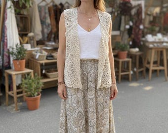 Cárdigan ligero de ganchillo, chaleco bohemio sin mangas, prenda de punto vintage para el verano, pareo de playa, cárdigan bohemio hecho a mano