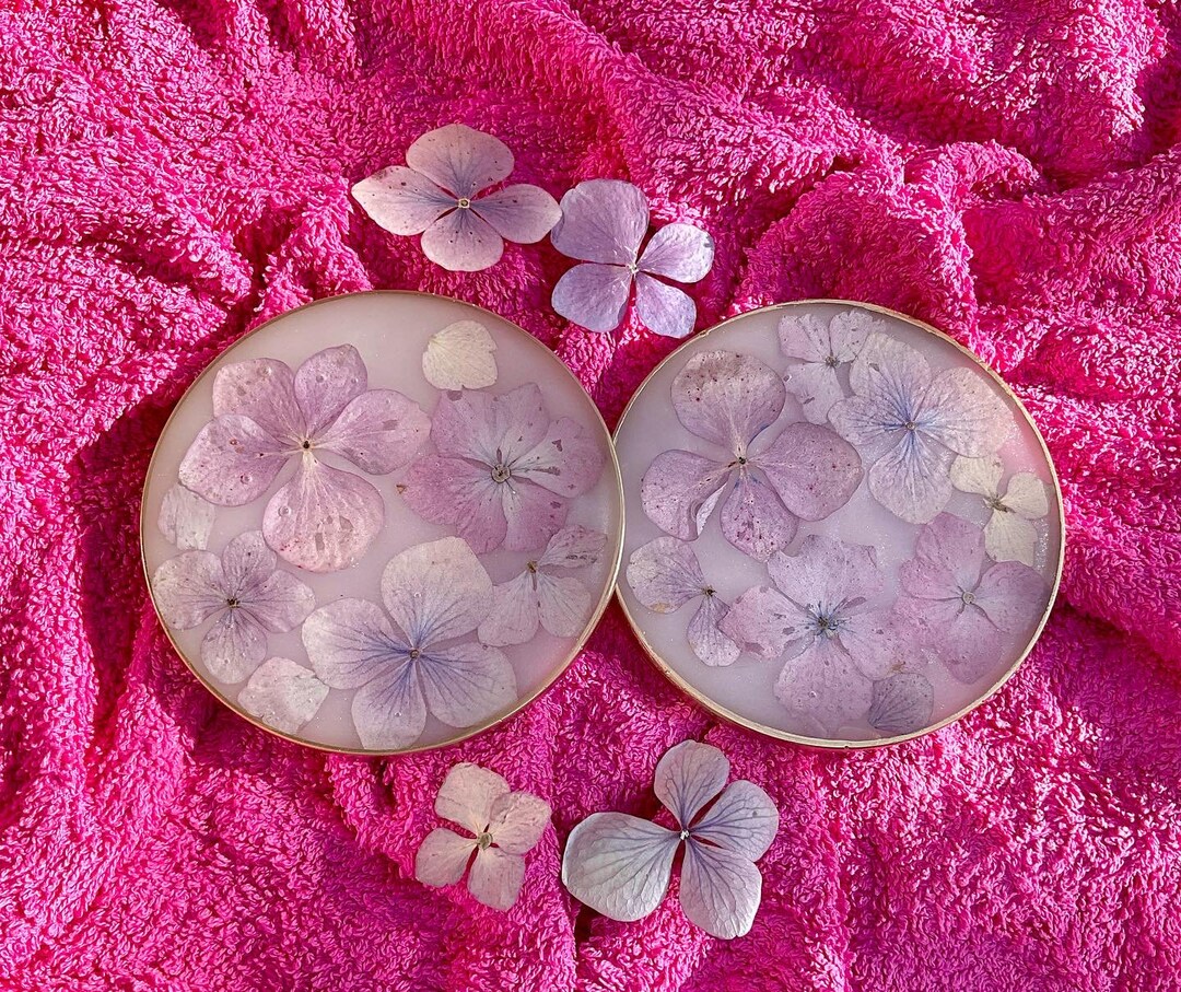Pressed Dried Real Flowers Resin Coasters Set of 2, Pearl White Background With Gold Edging Home