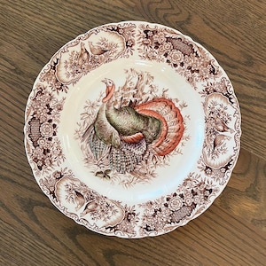 Wild Turkey Thanksgiving Dinner Plate: Vintage Johnson Brothers Brown Transferware