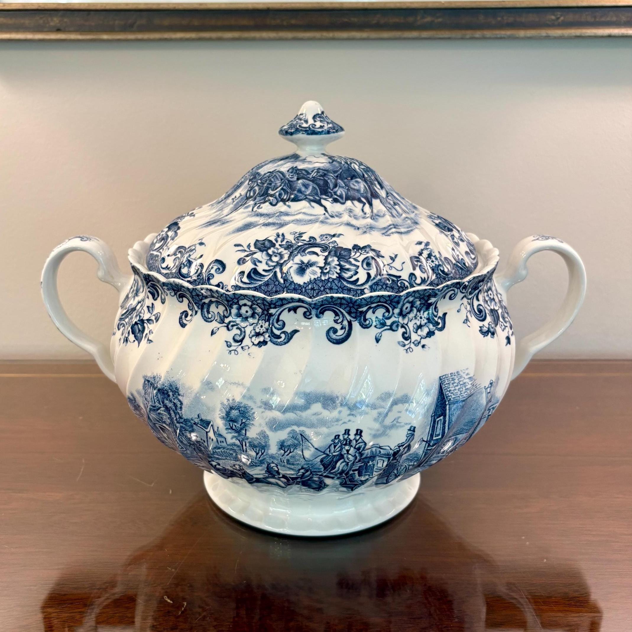 Johnson Brothers Coaching Scenes Blue Tureen With Lid: Vintage