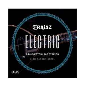Può includere: Primo piano di una confezione di corde per saz elettriche EraSaz Electric 0.20 in acciaio al carbonio ad alta resistenza. La confezione è nera con un design circolare blu e verde e il testo "ESS20" nell'angolo in basso a sinistra.