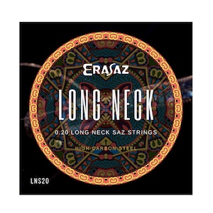 Può includere: Un design circolare colorato con il testo "ERASAZ LONG NECK 0.20 LONG NECK SAZ STRINGS HIGH CARBON STEEL" e "LNS20" nell'angolo in basso a sinistra.