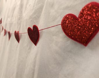 Glitter Felt Heart Garland, valentine's day, decor, holiday decorations, red love hearts