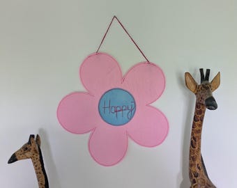 Happy felt flower wall hanging - kids decor - bedroom art - playroom decor