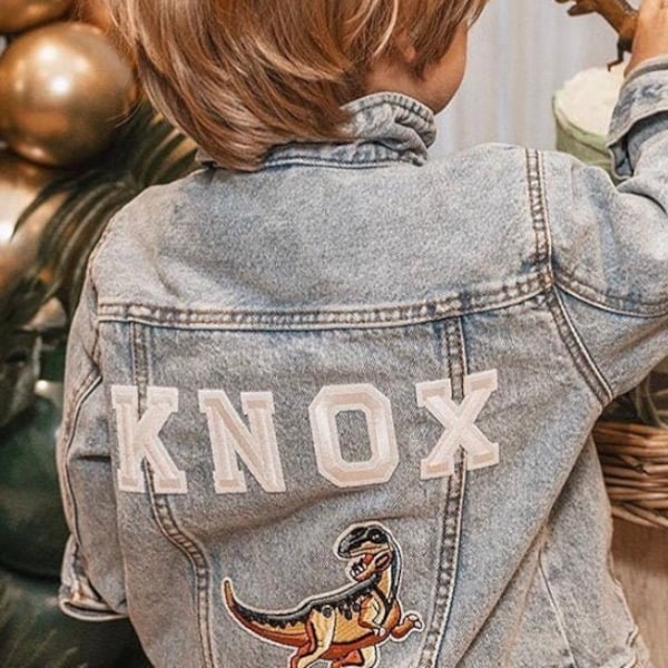 Personalised Kids Denim Jacket, Kids Personalised Jacket, Dinosaur, Dinosaur Jacket, Kids Clothing, Personalised Clothes