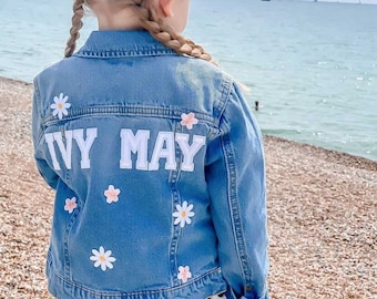Personalized Kids Denim Jacket: Custom Name & Flower Patches