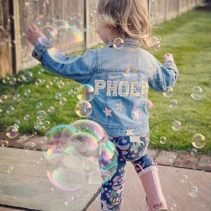 Personalised Kids Denim Jacket, Name Jacket, Rainbow And Stars