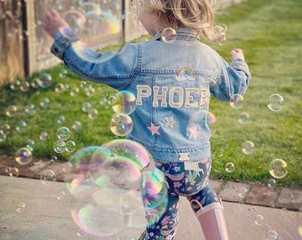 Personalised Kids Denim Jacket, Name Jacket, Rainbow And Stars