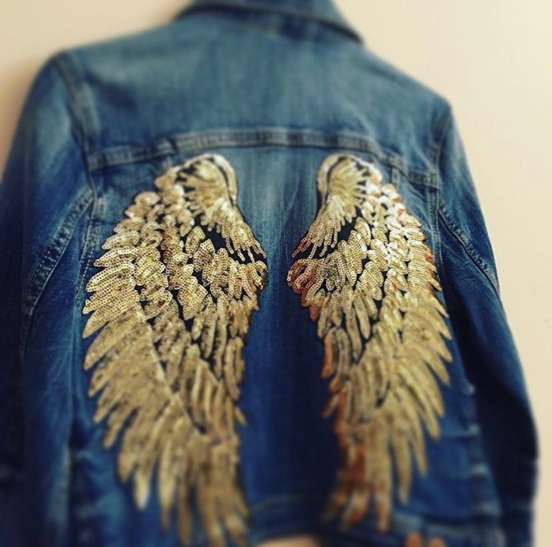 Womens Denim Jacket Sequin Angel Wings Denim Jacket Angel Wing Personalised Denim Jacket Etsy UK