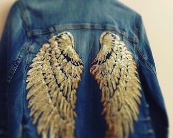 Veste en denim femme, paillettes, ailes d’ange, veste en denim, aile d’ange, veste en denim personnalisée