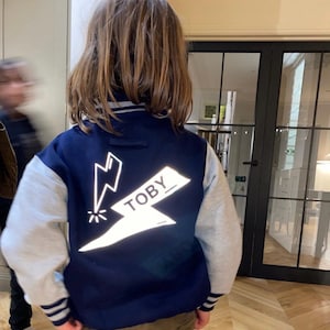 Children&#39;s Personalised Kids Jacket, Baseball Jacket, Sport Jacket, Personalised Varsity Jacket. Lightning Bolt Jacket