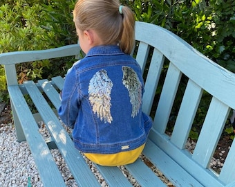 Personalized Kids Denim Jacket: Hand-Stitched Sequin Angel Wings