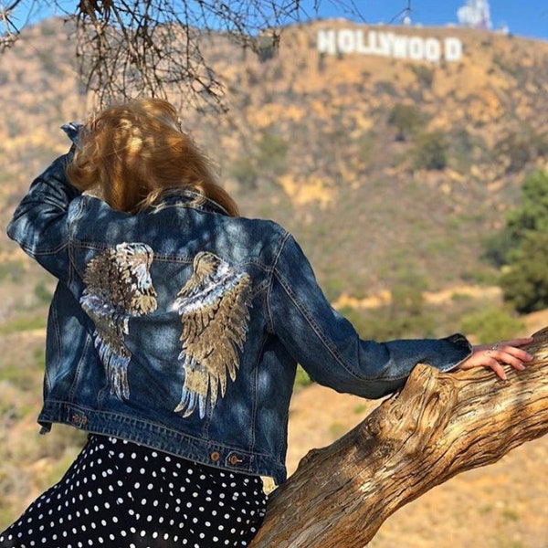 Womens Denim Jacket, Denim Jacket, Silver sequin Angel Wing Jacket, Jacket, Angel Wing, Personalised Denim Jacket