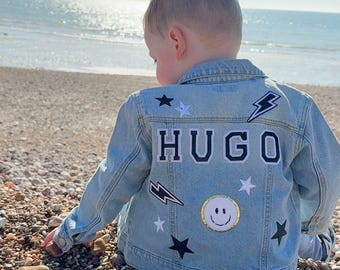 Personalized Kids Denim Jacket: Black & White Patches