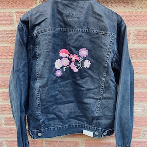 Vintage Black Denim Jacket (L) with Hand-Embroidered Flowers