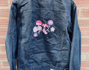 Vintage Black Denim Jacket (L) with Hand-Embroidered Flowers