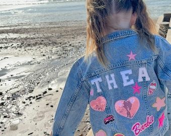 Personalized Kids Denim Barbie Jacket: Pink Patches