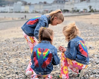 Personalized Kids Denim Jacket: Initial Angel Wing Sequin Jacket