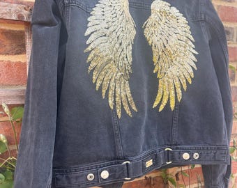 Sequin Angel Wing Black Denim Jacket