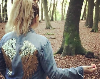 Personalized Denim Jacket: Women's Sequin Angel Wing Coat