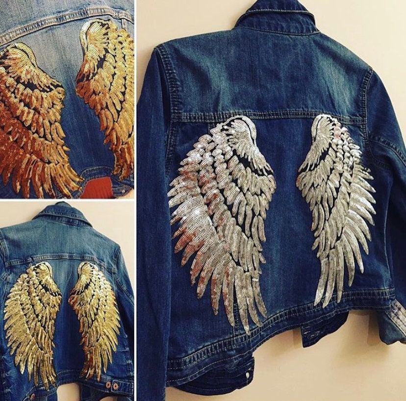 Personalised Angel Jacket. Vintage Denim Jacket. Silver Sequin Etsy