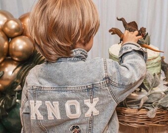 Personalized Kids Denim Jacket: Dinosaur Patches, Custom Name