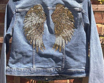 Denim Angel Jacket. Blue Denim Jacket. Gold Sequin. Gold Angel Wing Jacket.