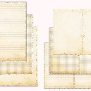 May include: Set of six vintage-style paper sheets with decorative edges. Three sheets have lined paper, and three sheets have grid paper. The paper is off-white with a slightly yellowed tint.