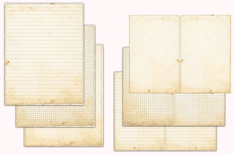 May include: Set of six vintage-style paper sheets with decorative edges. Three sheets have lined paper, and three sheets have grid paper. The paper is off-white with a slightly yellowed tint.