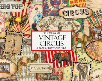 Printable Ephemera Kit, Vintage Circus, Fussy Cut, Junk Journal Supplies, Collage, Big Top, Carnival, Antique, Commercial Use