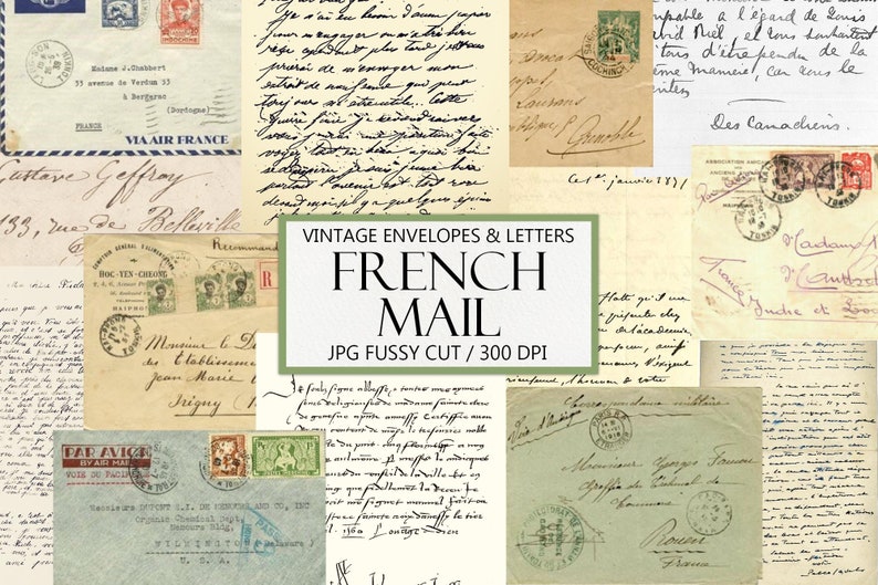 Printable French Mail, Old Letters, Antique Envelopes, Various Sizes and Shapes, Junk Journal Ephemera, Fussy Cut, Instant Download image 1