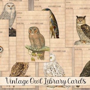Tarjetas de biblioteca de búhos vintage imprimibles, corte quisquilloso, paquete de efímeras, suministros de diario basura, restos de diarios, álbum de recortes del bosque, collage