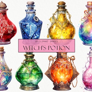 Puede incluir: Diez ilustraciones de acuarela de botellas de vidrio adornadas llenas de pociones de colores. Cada botella tiene un diseño y un color únicos, incluidos el rojo, el azul, el amarillo, el morado, el verde, el naranja y el rosa. Las botellas están decoradas con detalles dorados y detalles intrincados.