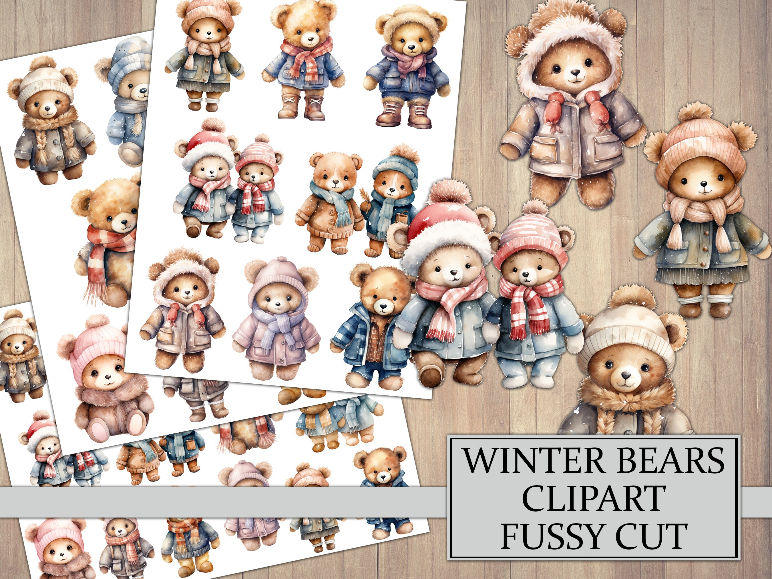 Watercolor Winter Bears Clipart, Junk Journal Ephemera, Teddy Bear, Fussy Cut, Seasonal, Scrapbook Embellishment, PNG Clip Art, Printable
