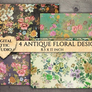Digitaal antiek bloemenpapier, vintage design, papieren verpakking, kortstondige, plakboekkit, achtergrond, behang, direct downloaden, afdrukbaar