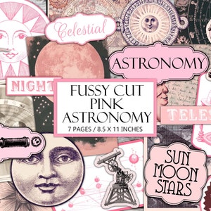 Afdrukbare roze astronomie Ephemera Kit, vintage hemelse, kieskeurige snit, ongewenste dagboekbenodigdheden, collage, maan, sterren, antiek, commercieel gebruik