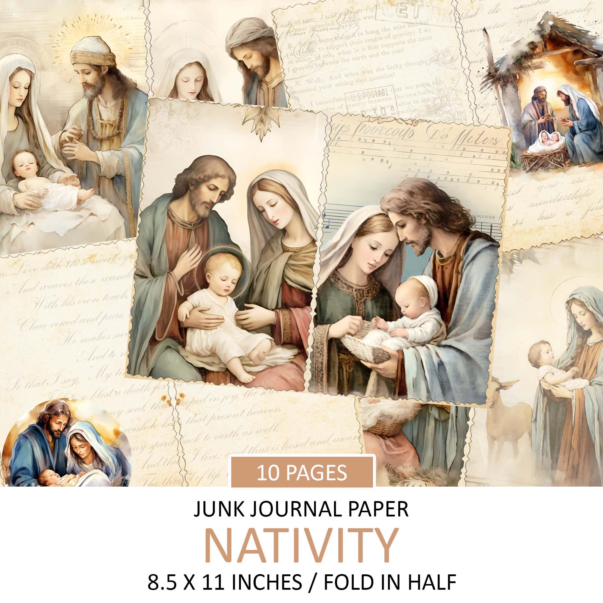 Printable Junk Journal Papers, Vintage Nativity, Signature Sheets, Antique Design, Scrapbook Background, Christmas, Christian Religion