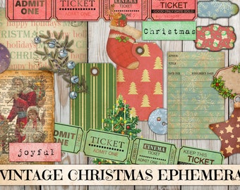 Printable Christmas Kit, Vintage Ephemera, Winter Fussy Cut, Postcard, Tag, Label, Junk Journal Supplies, Scraps, Digital Scrapbook, Collage