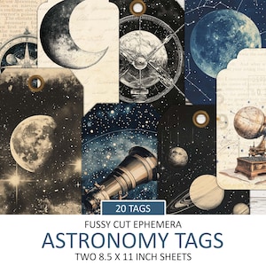 May include: Twenty astronomy-themed gift tags with images of planets, stars, telescopes, and celestial maps. The tags are printed on two 8.5 x 11 inch sheets.