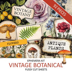 Vintage Botanical Ephemera Kit, Antique Plants Fussy Cut, Junk Journal Supplies, Botany Scrap, Greenery, Flower, Instant Download