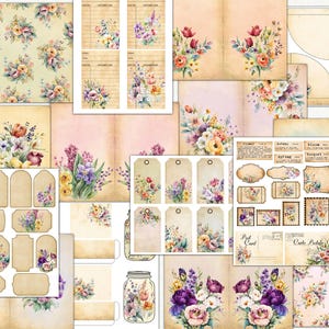 Spring Floral Junk Journal Kit, Shabby Flowers Journal Pages, Journal Ephemera, Fussy Cut, Scrapbook Embellishment, Printable Craft Kit