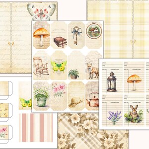 May include: A set of printable digital papers and stickers featuring a cottagecore theme. The designs include butterflies, mushrooms, a teapot, a rocking chair, a lantern, a fox, a house, and flowers. The papers are in a variety of patterns, including plaid, stripes, and floral.