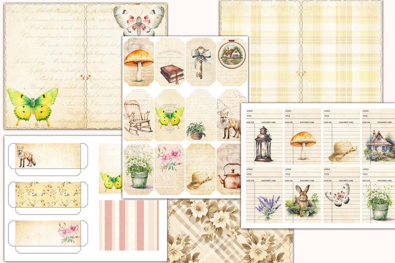 May include: A set of printable digital papers and stickers featuring a cottagecore theme. The designs include butterflies, mushrooms, a teapot, a rocking chair, a lantern, a fox, a house, and flowers. The papers are in a variety of patterns, including plaid, stripes, and floral.