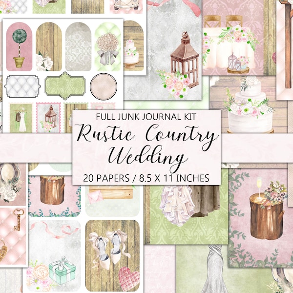 Wedding Junk Journal Kit, Rustic Country, Journal Pages, Country Glam, Ephemera, Fussy Cut, Scrapbook Embellishment, Printable Craft Kit