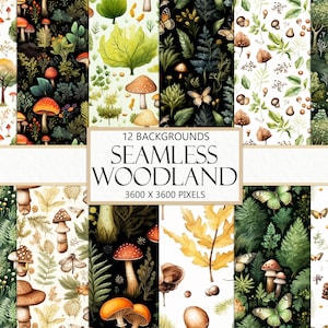 Immagini di foreste boschive ad acquerello senza soluzione di continuità, motivi di flora e fauna, carte per album, sfondi ripetuti, sfondi per desktop, download stampabili